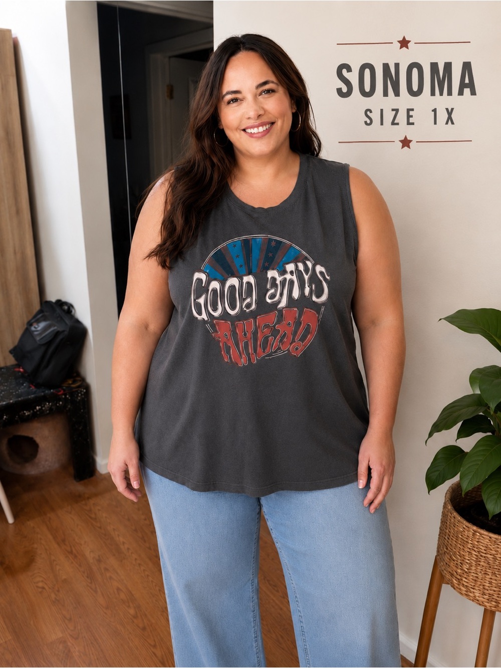 Sonoma Good Days Ahead Graphic Muscle Tank Plus Size 1X Charcoal Gray Sleeveless